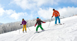 Eine Familie fährt mit Ski den verschneiten Hang hinunter - perfekte Winterlandschaft im Bayerischen Wald.
